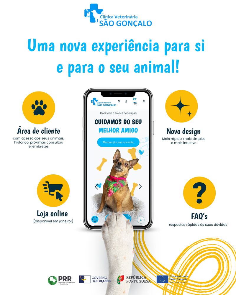 Criativo da campanha a apresentar as novidades do site da Clínica Veterinária de São Gonçalo: área de cliente, loja online, novo design e perguntas frequentes