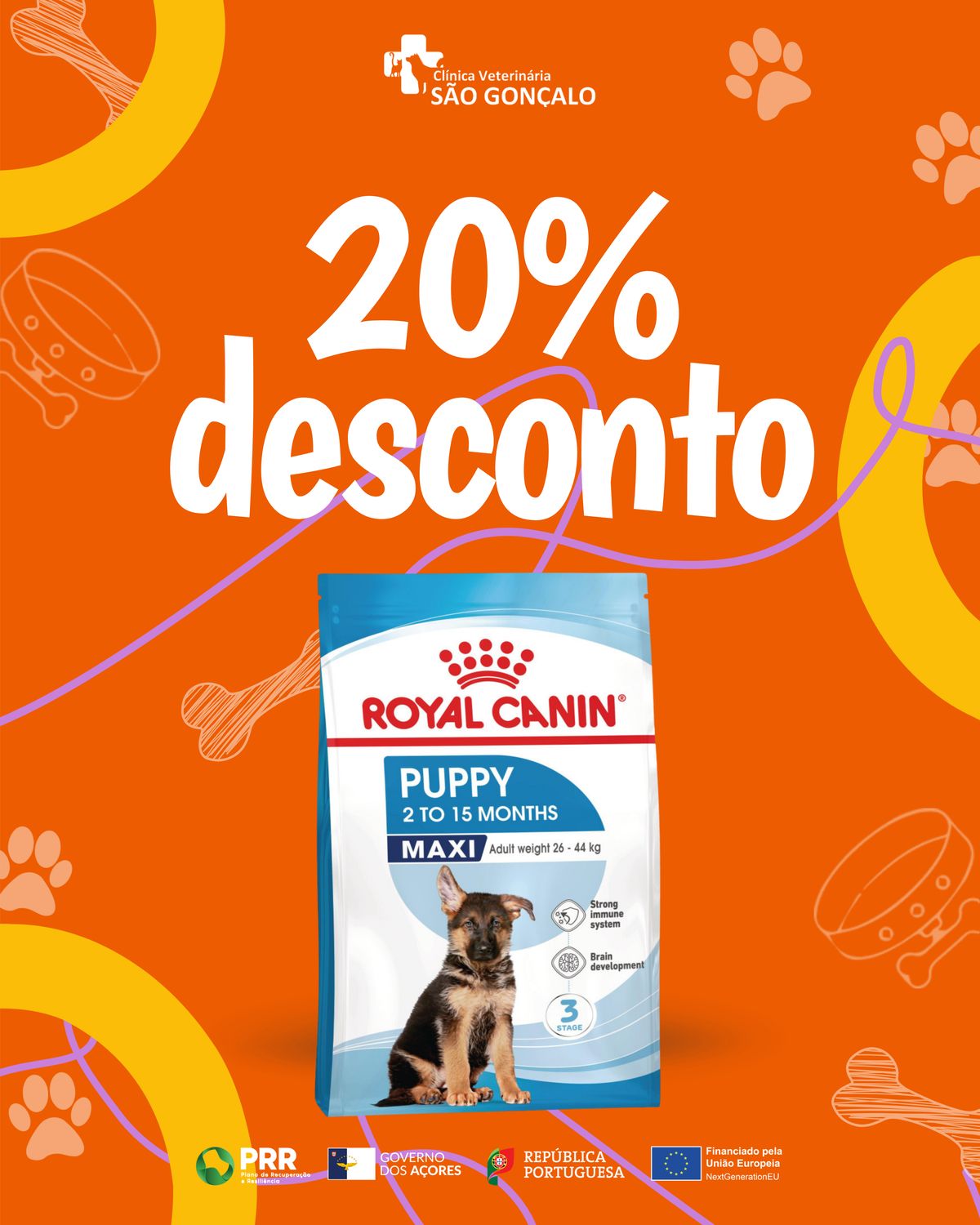Template de promoção da loja online com 20% de desconto em ração para cachorro