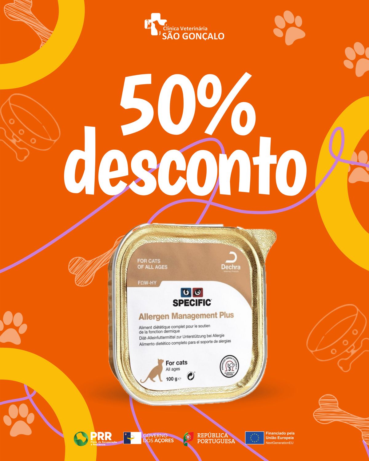 Template de promoção da loja com 50% de desconto em dieta veterinária para gato