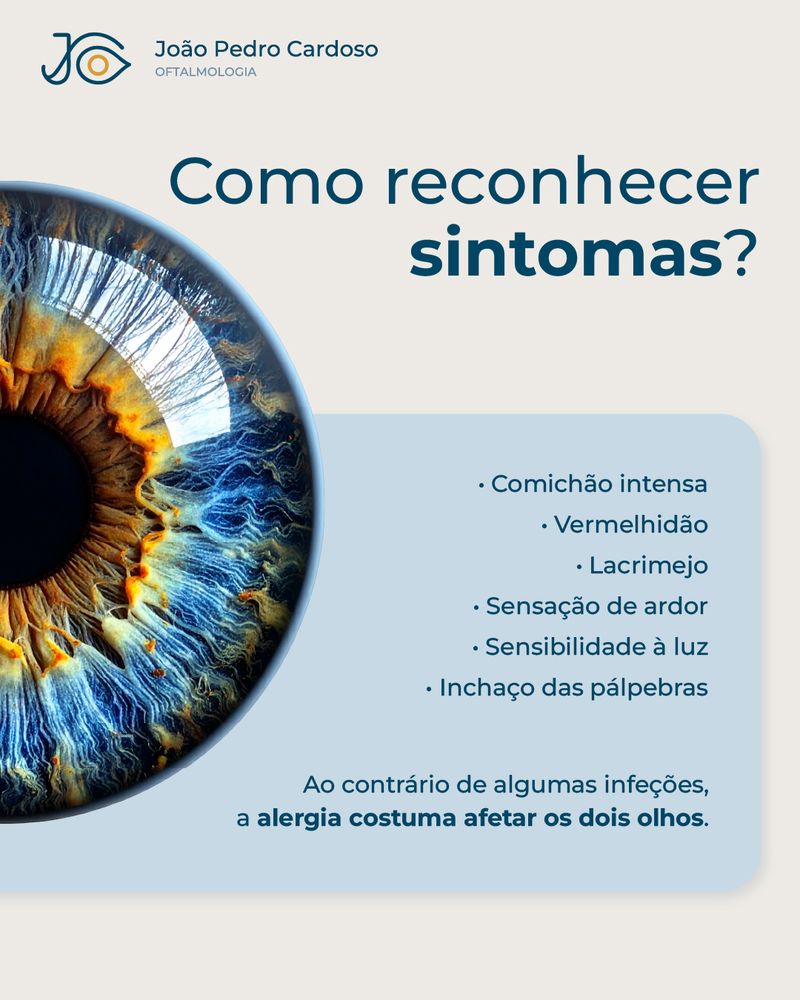 Publicação com os sintomas da alergia ocular: comichão, vermelhidão, lacrimejo, ardor e inchaço das pálpebras