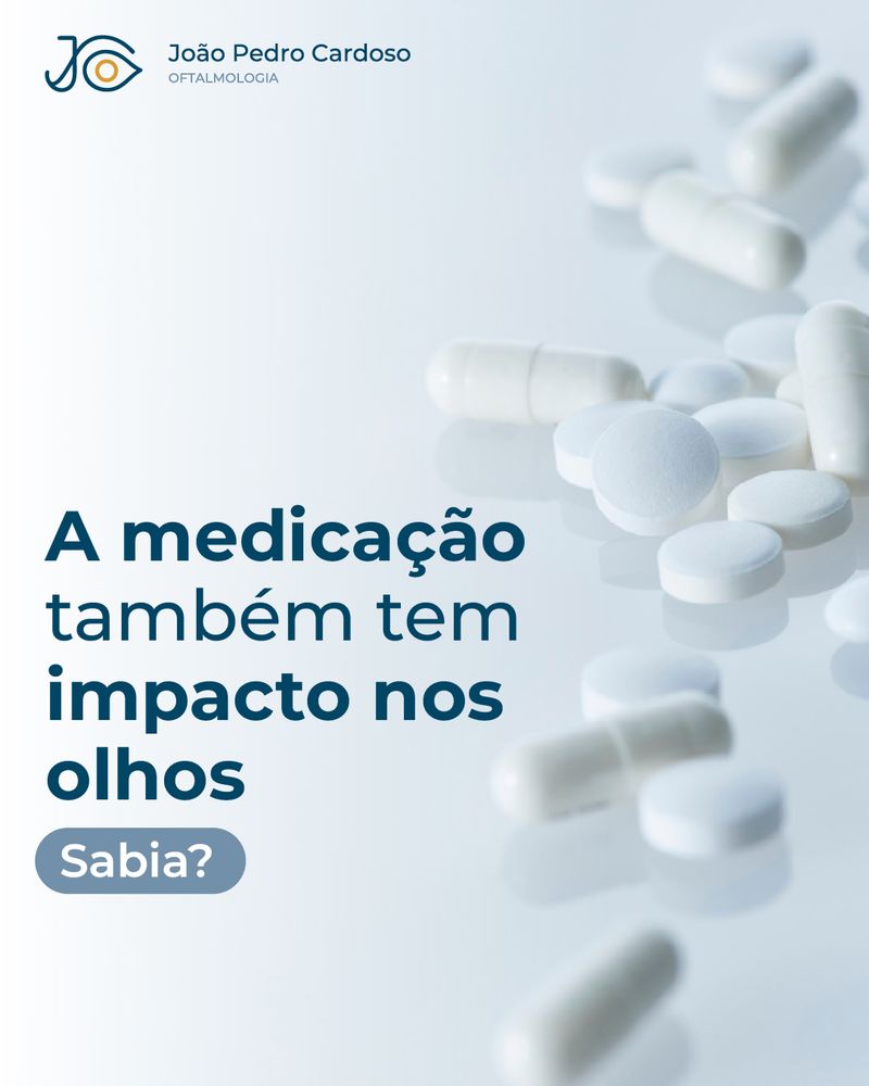 Publicação sobre o impacto da medicação nos olhos, sobre uma fotografia de comprimidos